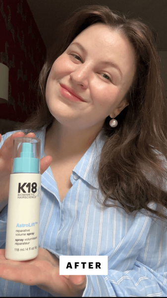 Singh after applying the K18 AstroLift Reparative Volume Spray